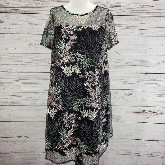 Lane Bryant New Black Floral Embroidered Mesh Overlay Evening Dress Size 10/12 - Picture 1 of 13